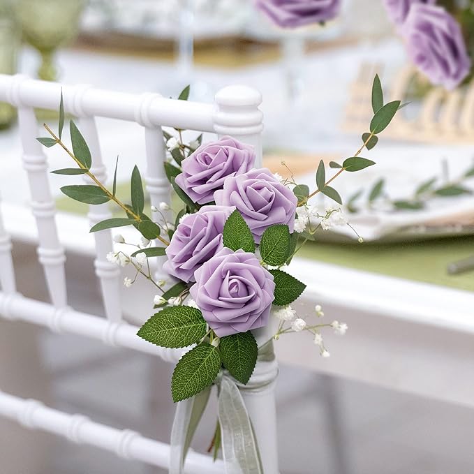 Mocoosy 50Pcs Rose Artificial Flowers, Lavender Fake Roses for Decorations, Purple Foam Fake Flowers with Stem for DIY Wedding Bouquet Bridal Shower Mother's Day Floral Arrangement Party Home Decor