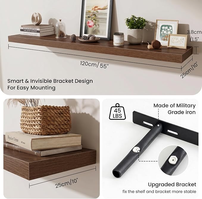 Fun Memories 55 Inch Fireplace Mantel Shelf, 10 Inch Deep Shelves for Display & Wall Storage, Rustic Wood Wall Shelf, Extra Long Floating Shelves for Living Room Laundry Room, Walnut, Set of 2