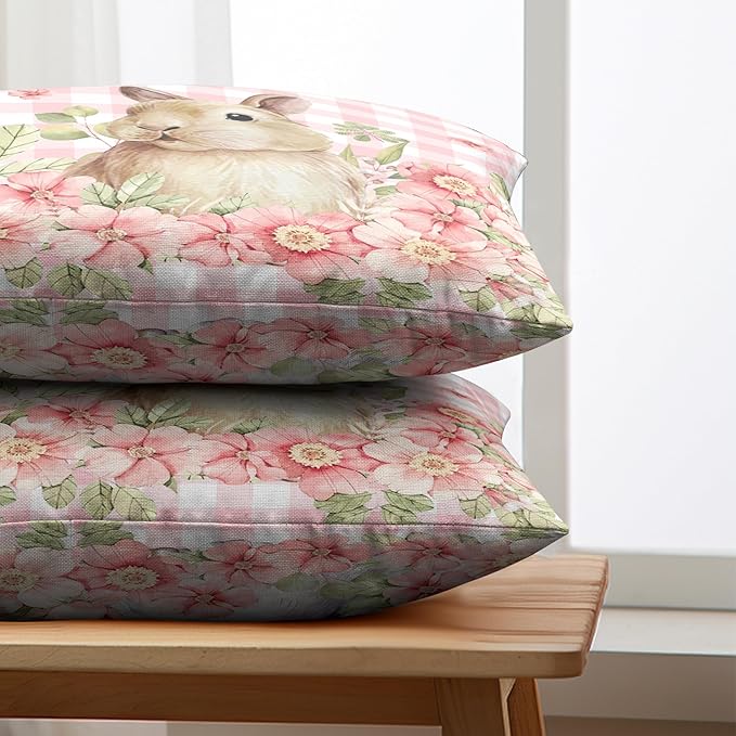 Easter Bunny Lumbar Pillow Covers 12x20 Set of 2 Spring Floral Decorative Pillowcase Cute Rabbit Cotton Linen Cushion Case Pink Plaid Throw Pillow Covers for Sofa Patio Outdoor