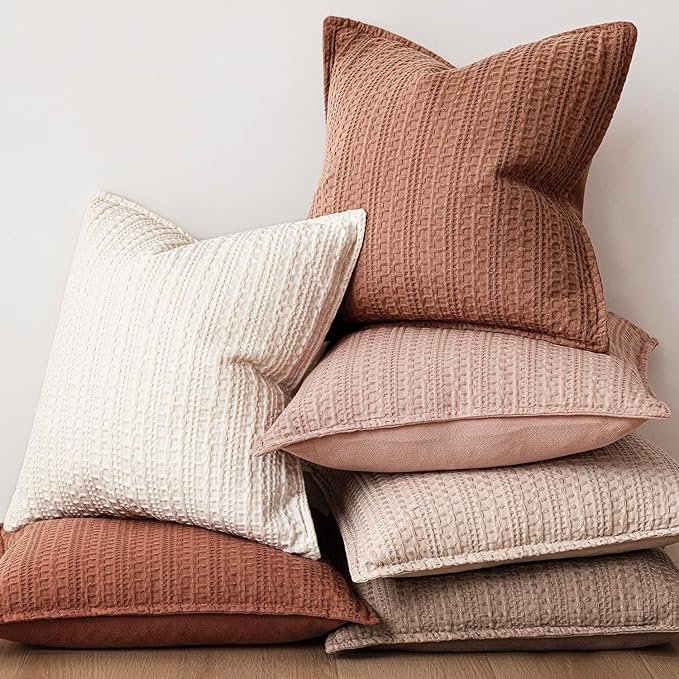 Foindtower Set of 2 Decorative Cotton Waffle Weave Lumbar Throw Pillow Covers Euro Shams Cushion Covers Accent European Pillowcase for Bed Couch Bedroom Living Room Home Decor 12×20 Inch Coral Pink