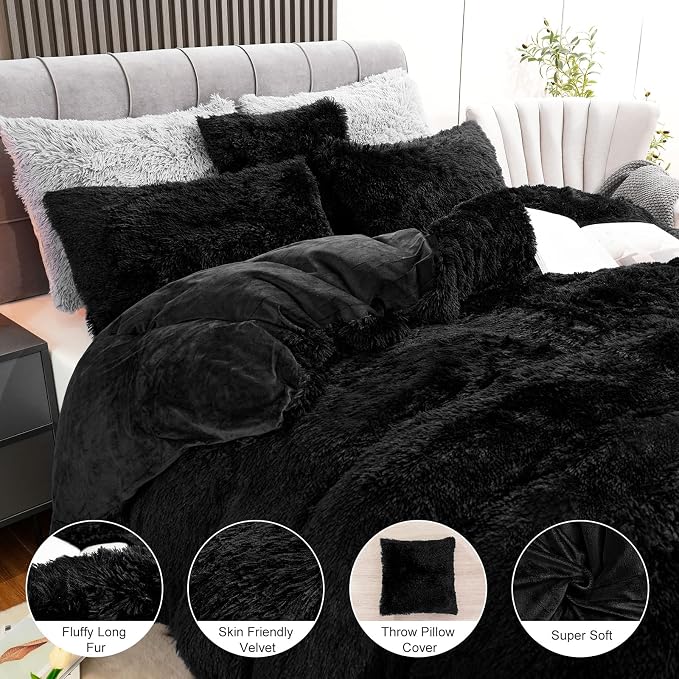 BLEUM CADE Fluffy Plush Black Duvet Cover Set, Luxury Ultra Soft Velvet Fuzzy Comforter Cover Bed Sets 4Pcs(1 Faux Fur Duvet Cover + 2 Pillow Cases + 1 Pillow Cover) Zipper Closure (Twin, Black)
