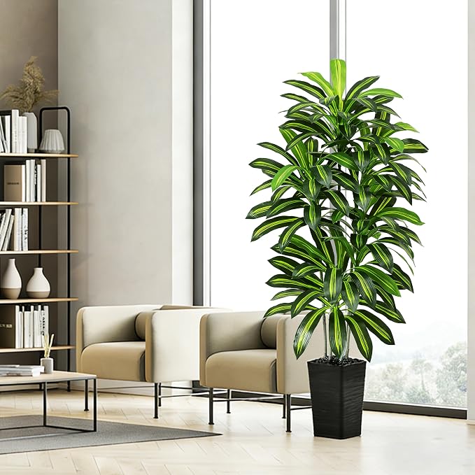 Artificial Dracaena Tree - 6FT Tall Fake Plants with Black Square Planter - Artificial Plants Indoor Floor Plant in Pot - Large Tropical Fake Yucca Potted Tree for Home Office Living Room Decor