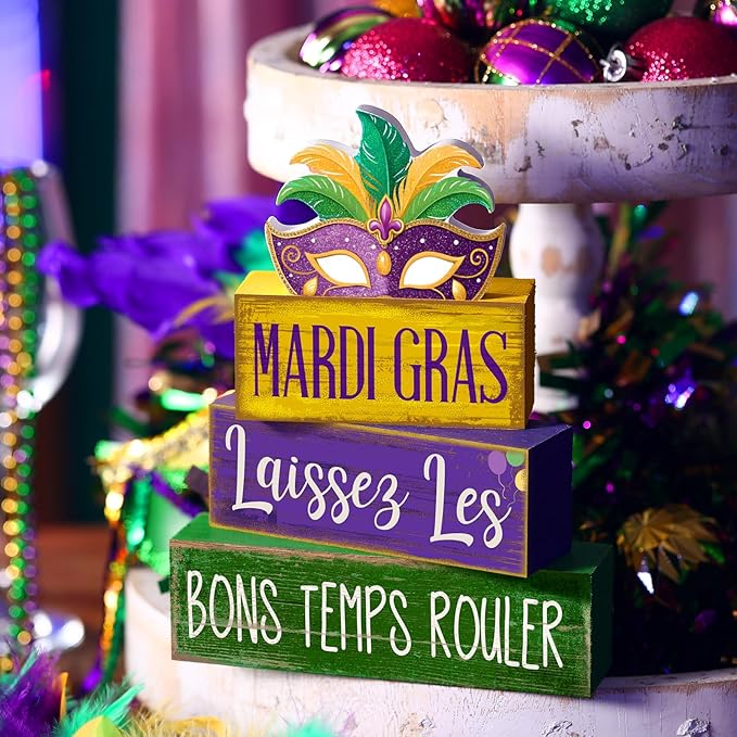Lineshading 4 Pcs Mardi Gras Table Decorations Wooden Mask Purple Golden Green Carnival Tiered Tray Decor Mardi Gras Centerpieces Decorative Mask Block Signs Gifts for Masquerade Party Home Kitchen