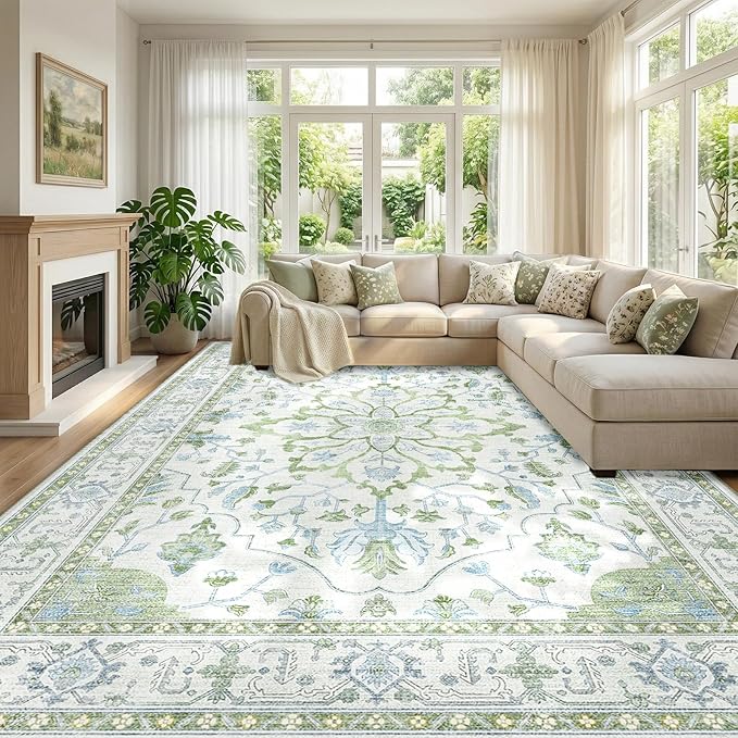 RELEANY Area Rugs 9'x12' Washable Non-Slip, Floral Vintage Distress Print Pattern Medallion Carpet for Living Room Bedroom Dining Room, Green White Blue