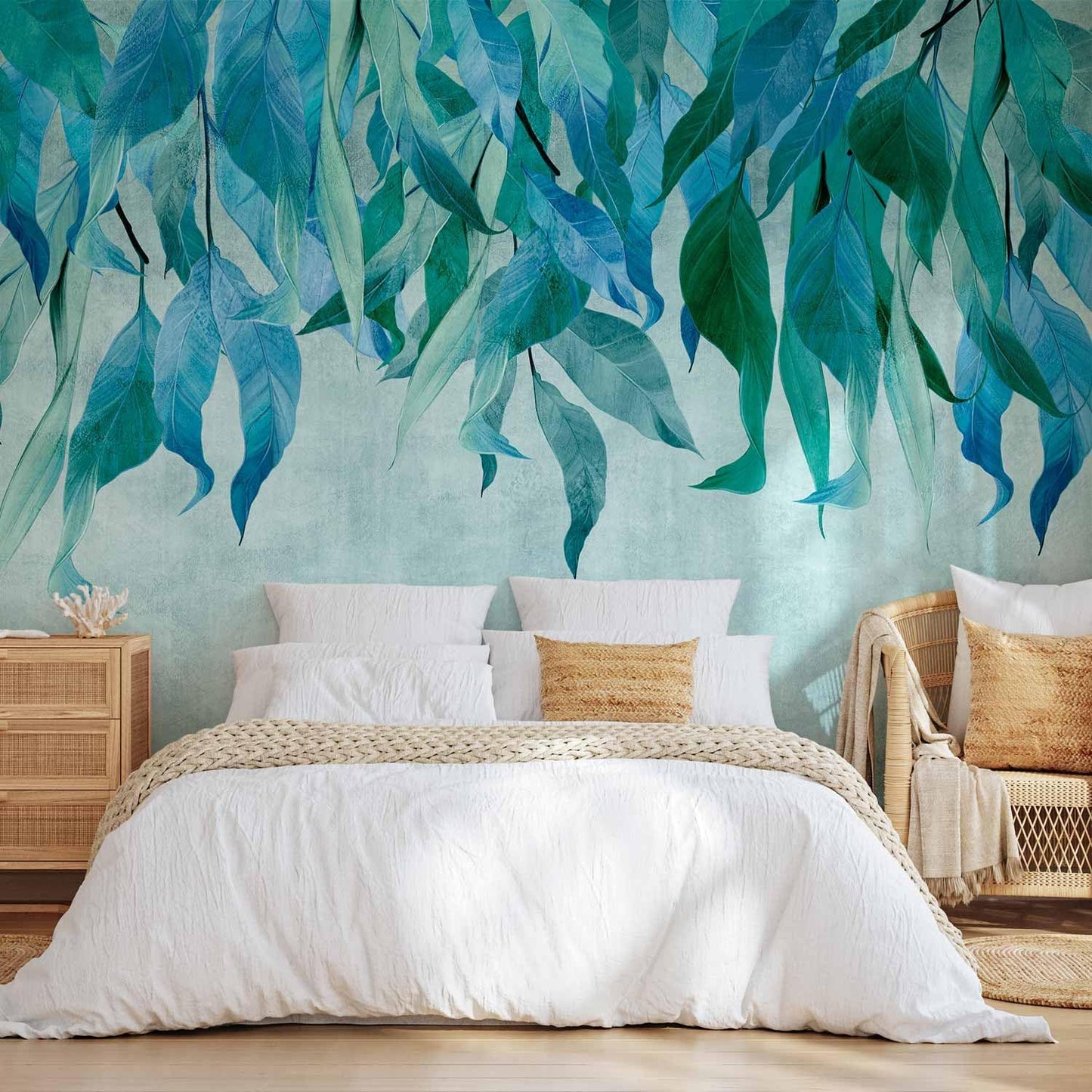 artgeist Premium Wall Mural Hanging Leaves 98x69 in - Non-Woven Wallpaper Fleece Wall Decor Photo Print Picture Image Design Nature Botanical Concrete Green Blue b-C-10146-a-b