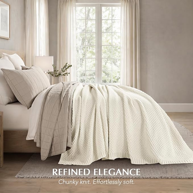 EVERGRACEHOME Chunky Polyester Knit Throw Blanket for Couch, Soft Luxurious Oversized King Moss Stitch Blanket for Bed, Large Cozy Farmhouse Knitted Throw for Sofa, Ivory White, 108" x 92"