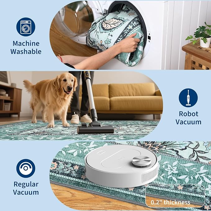 GarveeHome Teal Area Rugs 9x12 Living Room, Botanical Grove Cottage core Washable Non-Slip Rug for Bedroom Dining Nursery Low-Pile Vintage Large Soft Carpet