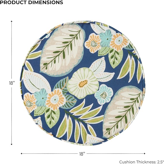 Set of 2 Outdoor 18 inch Round Patio Dining Chair Pads – Comfortable Fiber-Filled Seat Cushions with Ties, Reversible Polyester Fabric, Marlow Blue Floral