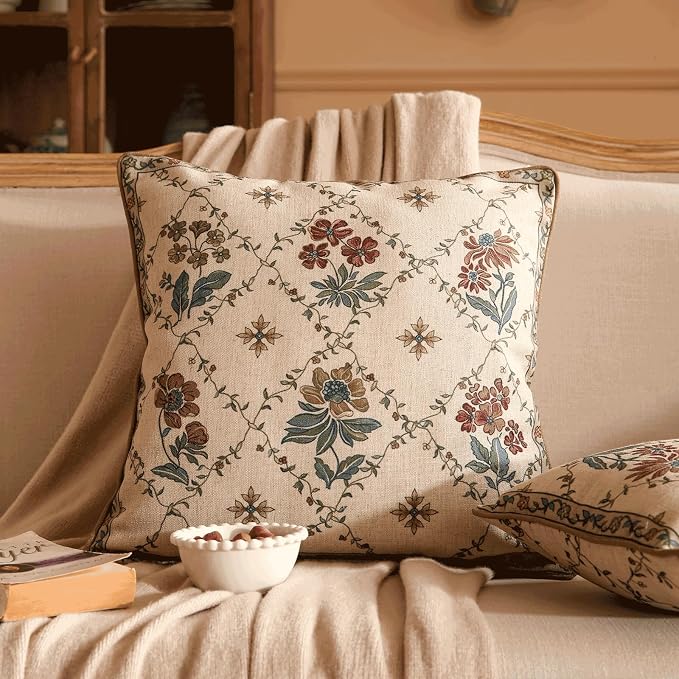 patdrea Designer French Vintage Linen Throw Pillow Cover,18"x18"-Audrey A | Decorative Pillow Case with Zipper,Brown Floral Pattern,Pillow Cover for Couch Living Room Bedroom Sofa