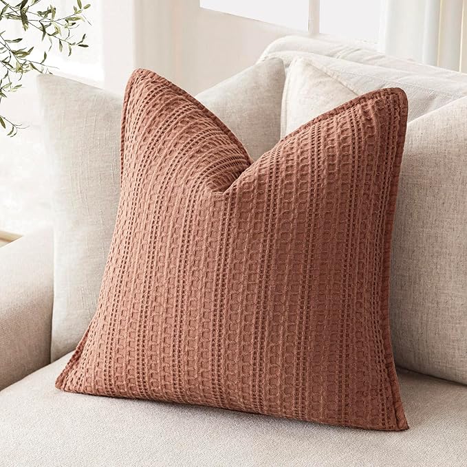 Foindtower Set of 2 Decorative Cotton Waffle Weave Throw Pillow Covers Euro Shams Cushion Covers Accent European Pillowcase for Bed Couch Sofa Bedroom Living Room Home Decor 20×20 Inch Coral Pink