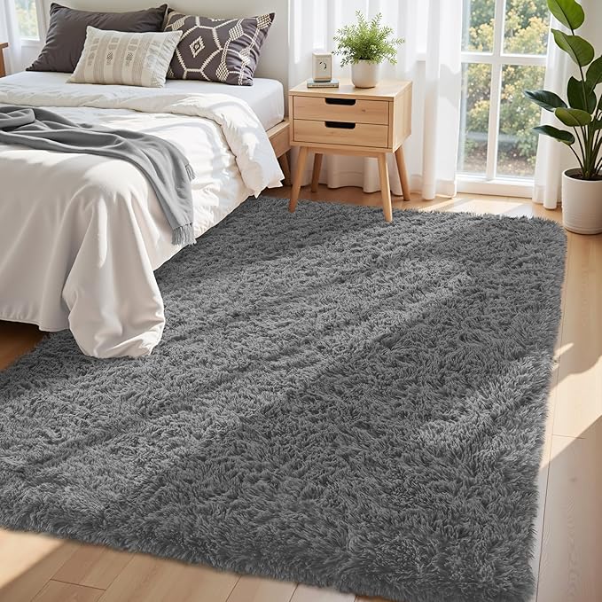 6x9 Area Rug for Living Room:Ultra Soft Fluffy Shag Dark Grey Rugs,Large Fuzzy Plush Indoor Non Slip Carpet Washable Rug for Bedroom Kids Nursery Office Dorm Modern Decor(Dark Grey 6'x9')