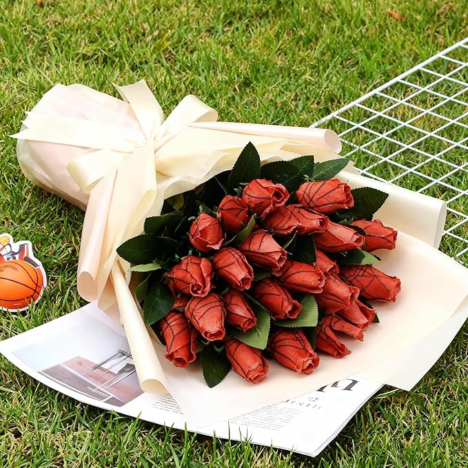 Suhine 24 Pcs Artificial Basketball Rose Flowers Sports Party Favors Bulk for Birthday Graduation Wedding Party Decoration Table Centerpieces Mom Team Coach Senior Night Gift(Basketball Color, Normal)