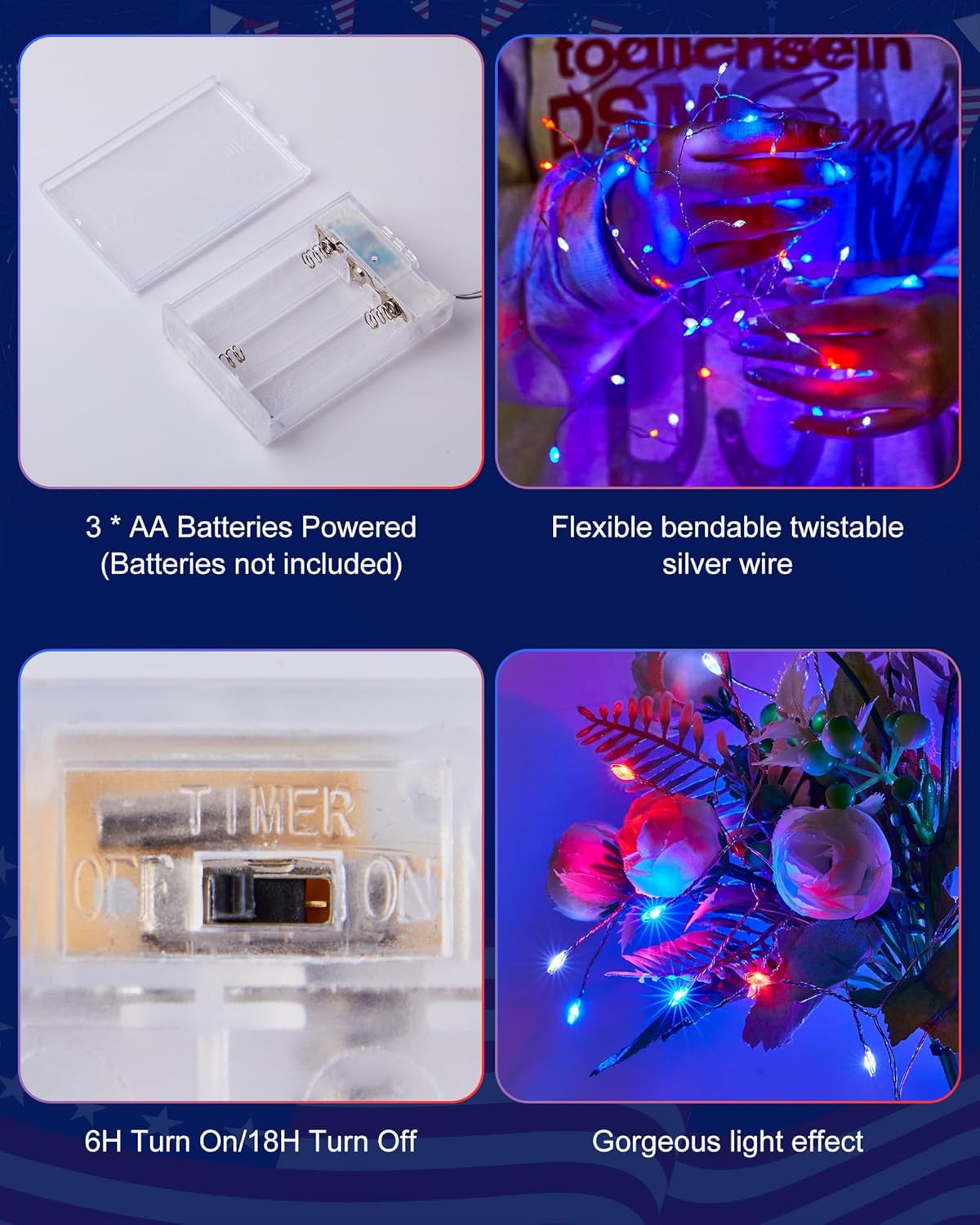 Minetom Red White Blue Fairy Lights Battery Operated, 4th July Decoration Patriotic String Lights Silver Wire 5 Feet 60 Led Firecracker Starry Lights for DIY Wreath Home Independence Day Decoration