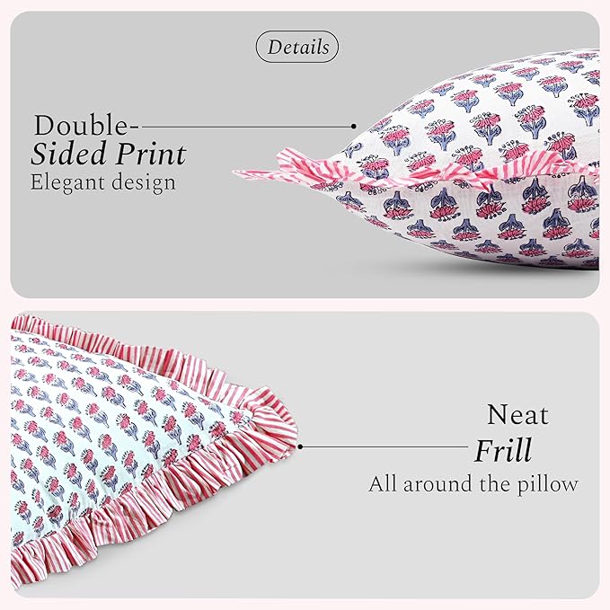 CPC Pink Sapphire Ruffle Throw Pillow Covers for Couch, 24x24 Inch Cotton Stripe Ruffle Couch Pillows for Living Room, Hidden 20 Inch Zipper Boho Pillow Case or Cute Outdoor Pillows