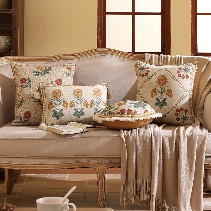 patdrea French Vintage Linen Throw Pillow Cover,18"x18"-RosaSilvestre B | Decorative Pillow Case with Zipper,Yellow Floral Pattern,Cushion Coverfor Couch Living Room Bedroom Sofa