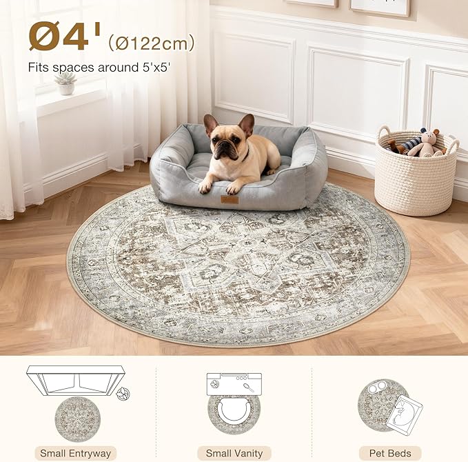 Tortania 4' Round Area Rug Living Room Rugs - Washable Boho Rug Vintage Oriental Distressed Farmhouse Large Thin Indoor Carpet for Bedroom Under Dining Table Home Office - Brown Blue