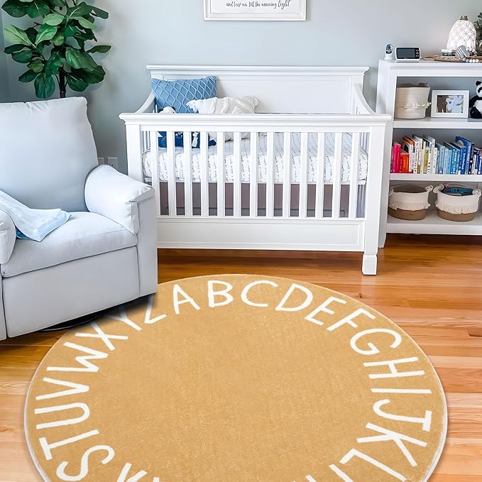 Topotdor Round Kids Play Rug Alphabet Nursery Area Rug Extra Large Soft Crawling Play Mat for Children Toddlers Bedroom (71 inch, Brown)