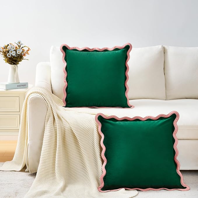 MONDAY MOOSE Decorative Throw Pillow Covers Cushion Cases, Set of 2 Soft Velvet Scalloped Wavy Edge Designs, Mix and Match for Home Decor, Pillow Inserts Not Included (20x20 inch, Pink/Green)