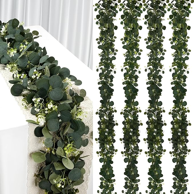YIJXPOIN Eucalyptus Garland, 8 Packs 6FT Green Flower Garland Decor, Artificial Faux Eucalyptus Leaves Greenery Vines for Table Runner Wedding Bedroom Mantle Centerpieces Backdrop Decorations