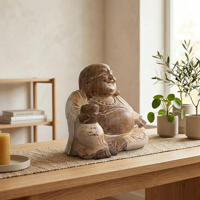 G6 Collection 8" Wooden Whitewashed Laughing Happy Buddha Statue Hand Carved Smiling Sitting Sculpture Handmade Figurine Decoration Home Decor Accent Handcrafted Art Happy Buddha (White Washed)