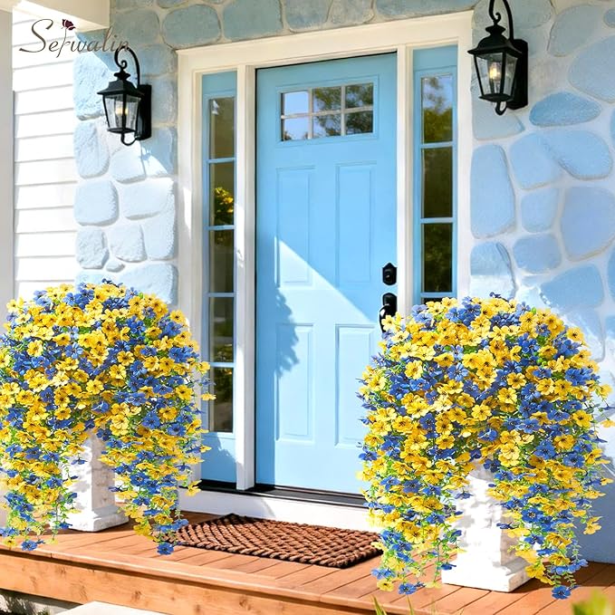 Serwalin 12PCS Artificial Hanging Flowers for Outdoors, UV Resistant Fake Hanging Plants, Realistic Weatherproof Outdoor Decor for Patio, Porch, Garden & Window (Yellow& Blue,12PCS)