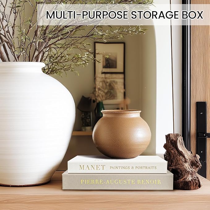 Aesthetic Decorative Books - Fake Books Storage Box for Decoration - Set of 2 Linen Coffee Table Decor - Photo Storage Keepsake Box for Room Bookshelf Decor, Griege