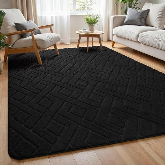 Macgace Ultra Soft Black Area Rug for Living Room, 6x9 Modern Geometric Shag Rugs with Nonslip Backing for Bedroom, Washable Fuzzy Carpet for Cozy Kids Room Nursery