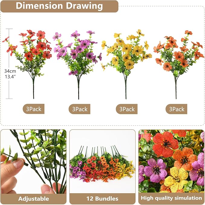 ZFProcess Artificial Flowers Faux Plants Outdoor Fake Flowers Spring Decor,12 Bundles Realistic Plastic Plant Colorful Daisy UV Resistant for Porch Patio Home Yard Garden Window Box Pot Planters