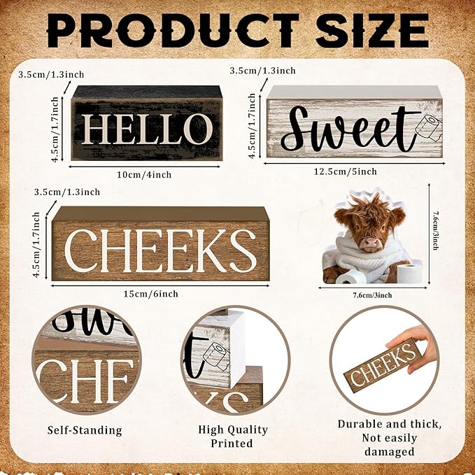 Moucuny 4 Pcs Highland Cow Bathroom Decor Farmhouse Bathroom Decor and Accessories Highland Cow Table Centerpiece Western Hello Sweet Cheeks Decoration for Home Office