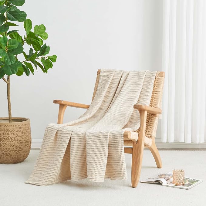 100% Cotton Taupe Blanket King Size for Bed - Breathable and Soft, Waffle Weave for Summer Spring, 102x90 Inches (Oatmeal)
