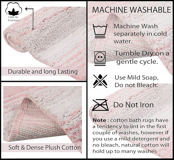 Home Weavers 100% Cotton Gradiation Collection Bathroom Décor | Washable Rug | Bathroom Mat | Kitchen Mat | Bathroom Rug Set | Bath Mat Set | Bath Floor Mat Non Slip, 3 Piece Set with Contour, Pink
