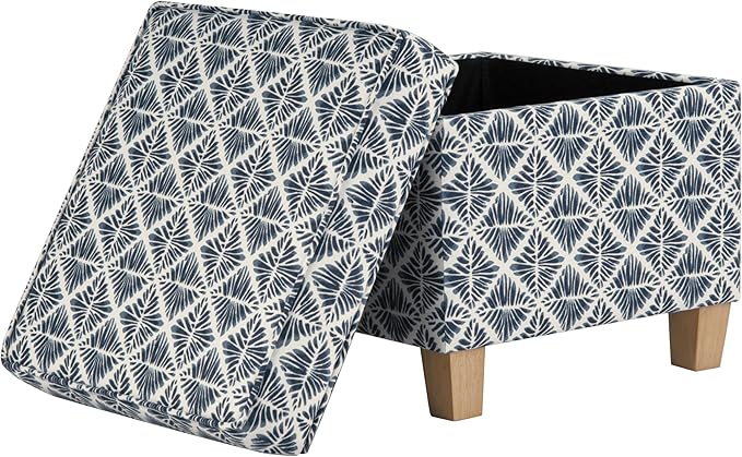 HomePop Small Square Storage Ottoman with Lift-Off Top, Blue Geometric Pattern Cotton Fabric Upholstered Accent Footrest Stool with Wood Legs for Living Room Bedroom Entryway