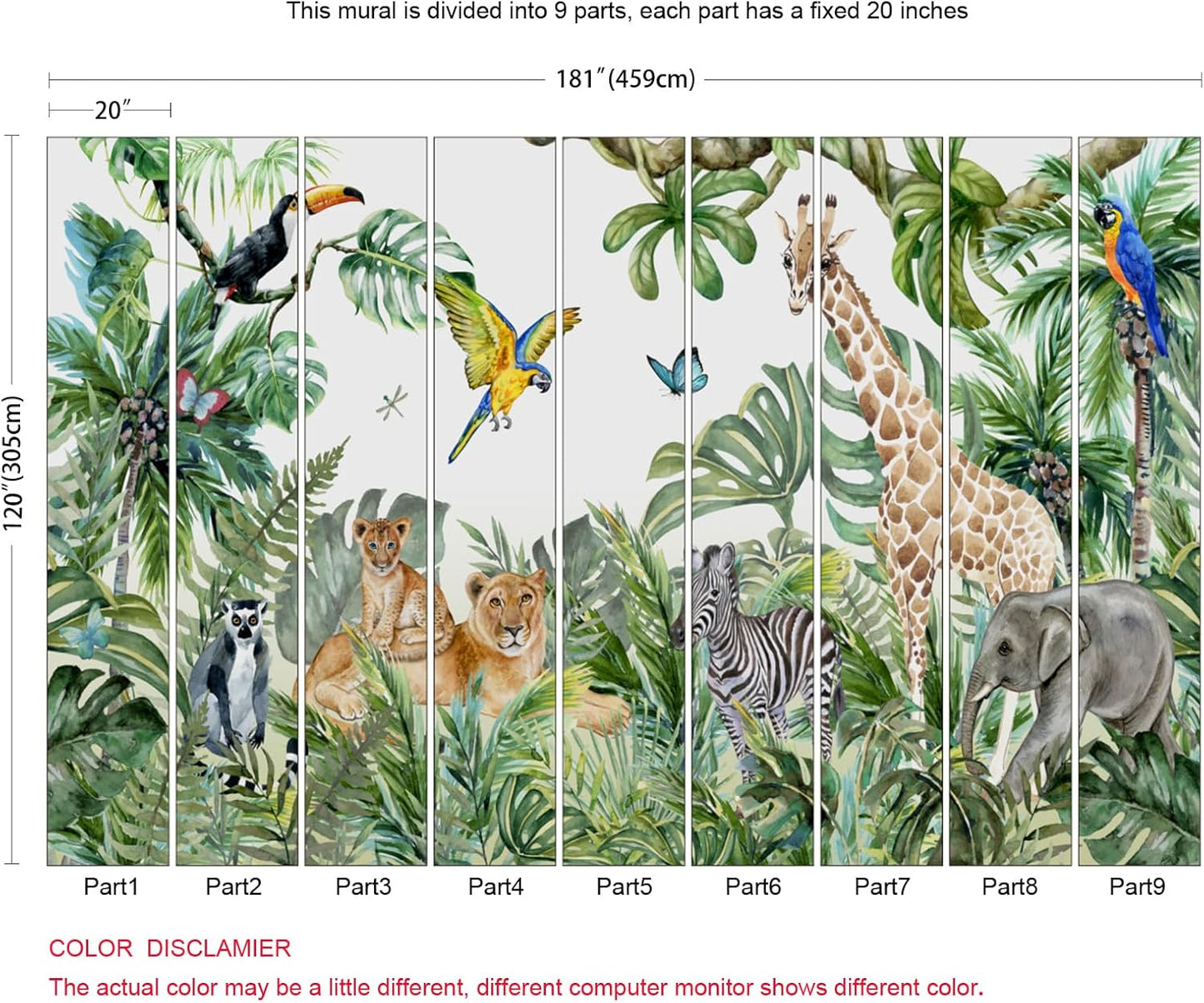 Safari Wallpaper for Children with Animals Jungle Wall Mural Watercolor Animals Nursery Wallpaper Kids Room Decor(Not Peel n' Stick)