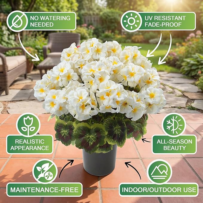 lovemoon 2 Pcs Geranium Potted Artificial Flowers, Fake Geraniums Plants UV Resistant Silk Potted Plants for Outdoor Home Décor Office Porch Garden Decor (2, White)