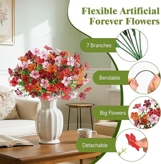 Alupssuc 20 Bundles Artificial Flowers for Outdoor Indoor Decoration, UV Resistant No Fade Fake Plants Eucalyptus, Colorful Faux Spring Flowers for Outside Yard Porch Patio Garden Home Window Box
