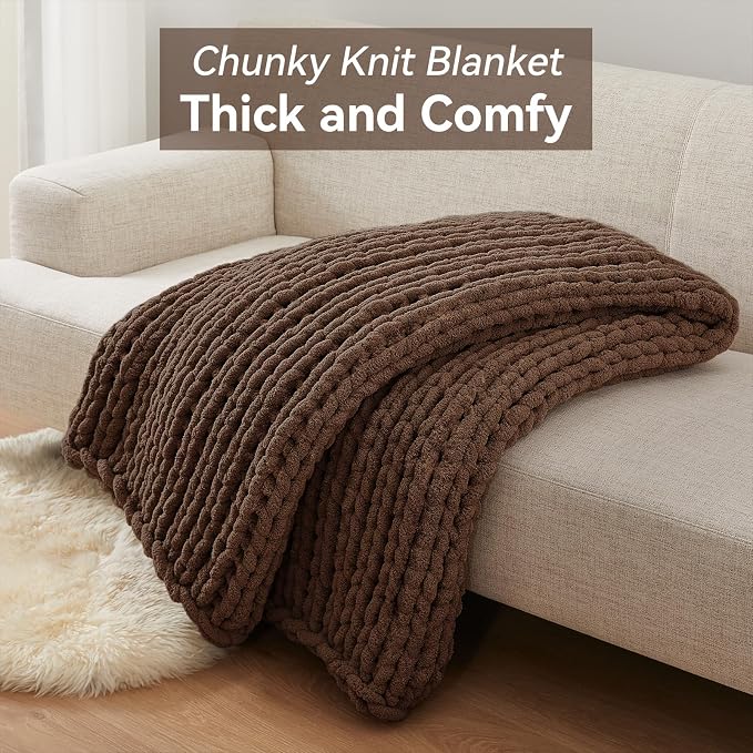 Negwoo Chunky Knit Throw Blanket, 60''*80'' Knitted Throw Chenille Yarn for Bed Couch, Handmade Dark Brown Crochet Big Thick Blanket, Machine Washable Cute Comfy Blanket for Home Decor