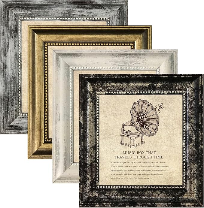 8x8 Picture Frames Set of 4,Rustic Retro Photo Frame with Real Glass Vintage Photo Frames Gold Frames for Home Wall Decor