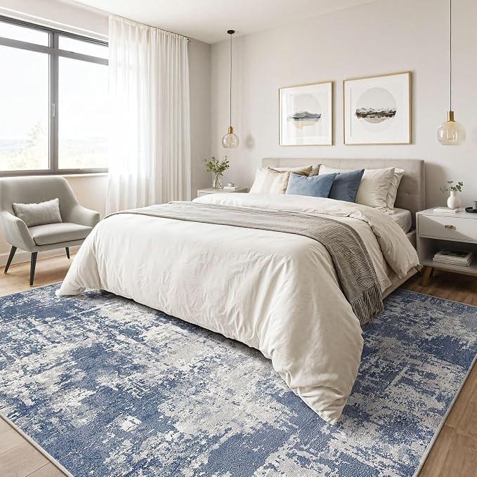 Area Rugs 9x12 Living Room: Washable Large Abstract Modern Soft Rugs Stain Resistant Indoor Floor Non Slip Accent Carpet for Bedroom Nursery Playroom Office Dining Room Dorm Home Decor- Navy Grey