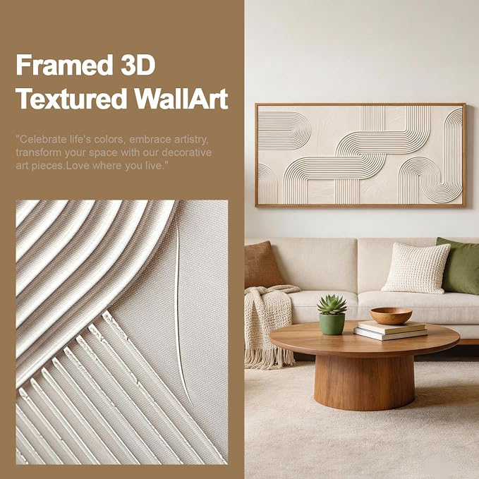 CHDITB 3D Textured Geometric Arch Impasto Relief Curved Line Framed Canvas Wall Art Set, Neutral Earth Tone Minimalist Wall Decor, Modern Art Prints for Living Room Hallway Bedroom Decor 40"x20"