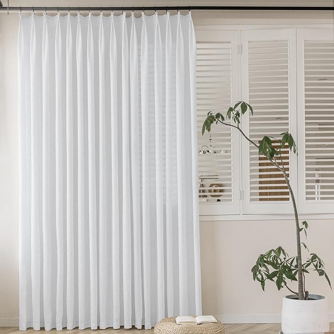 MAIHER White Extra Wide Pinch Pleated Curtains 72W x 108L Inches, Light Filtering Linen Pleat Drapes for Bedroom Semi Sheer Curtains with Adjustable Hooks 1 Panel