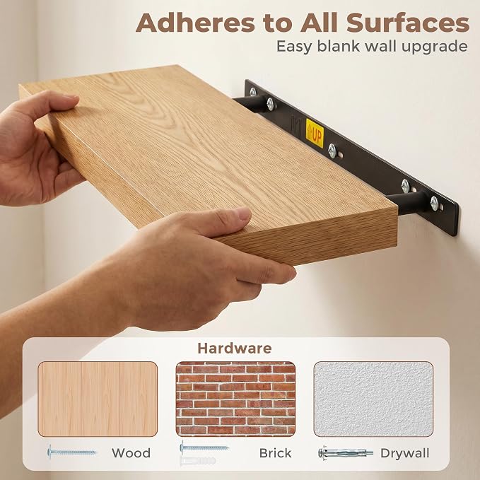 Venusmiles Floating Shelves for Wall, 20 Inch Floating Shelves Set of 2, 6.5" D Wooden Wall Mounted Display Shelves with Invisible Brackets for Living Room, Bedroom, Bathroom, Kitchen Decor, Oak