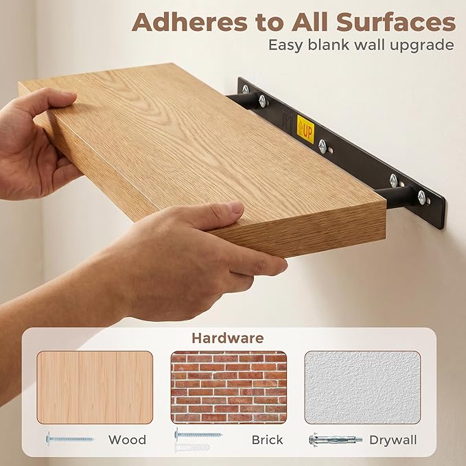 Venusmiles Floating Shelves for Wall, 16 Inch Floating Shelves Set of 2, 6.5" D Wooden Wall Mounted Display Shelves with Invisible Brackets for Living Room, Bedroom, Bathroom, Kitchen Decor, Oak