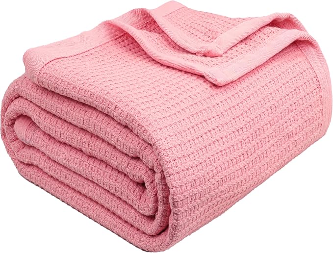 TreeWool Premium 100% Cotton Waffle Summer King Blanket (90"x108", Pink) | 420 GSM Breathable Lightweight Moisture Wicking Soft Knit Thermal Blanket for Bed or Sofa All-season Comfort Machine Washable