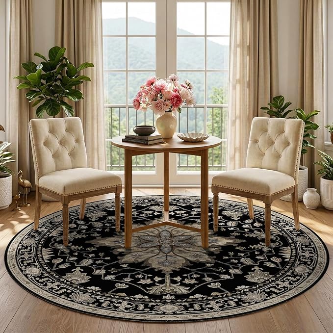 RELEANY Area Rugs 5ft Washable Non-Slip, Floral Vintage Distress Print Pattern Medallion Carpet for Living Room Bedroom Dining Room, Black Brown Neutral Dark Tan