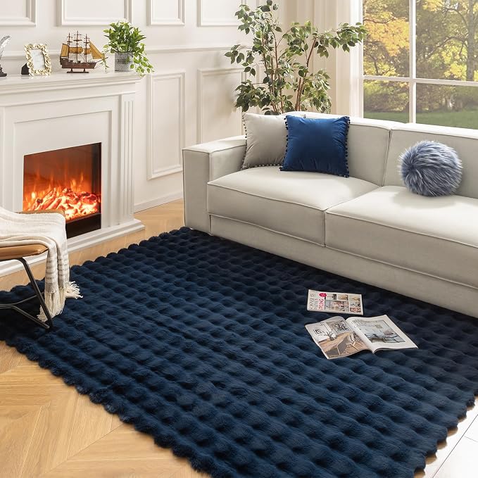 Ashler Faux Rabbit Fur Rug, Dark Blue 5x7 FT Fluffy Soft Area Rugs, Rectangle Fuzzy Carpet for Living Room, Bedroom, Machine Washable - 3D Bubble Rug