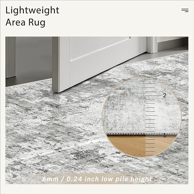 Soalmost 6x9 Abstract Area Rugs for Living Room 6 x 9 Washable Non Slip Low Pile Gray Rugs for Bedroom Dining Room Foldable Thin Gray White