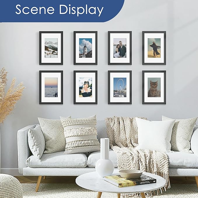 PEALSN 8x12 Picture Frame Set of 6, Display Pictures 6 x 8 with Mat or 8 x 12 without Mat for Wall Mounting or Table Top Display, Photo Frames Collage for Wall Decor, Black