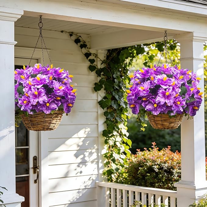 Grunyia Artificial Hibiscus Flowers 5 Bundles, UV Resistant Fake Tropical Flowers Realistic Silk Blooms for Outdoor Planter Garden Patio Porch Window Box Home Decor (Purple)