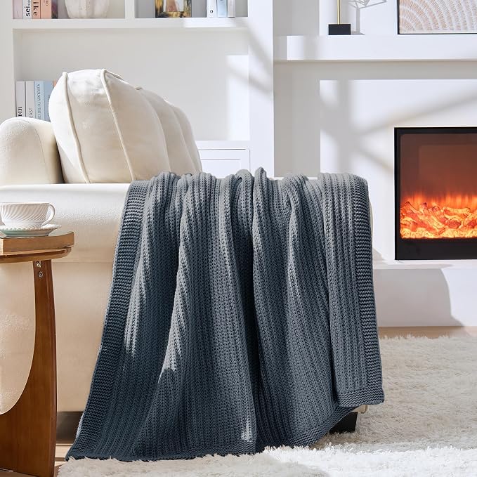 Chunky Knit Dusty Blue Throw Blanket for Couch Soft Cozy Lightweight Decorative Blanket for Couch Sofa Bed Living Room, Spring Throw 50"x60"