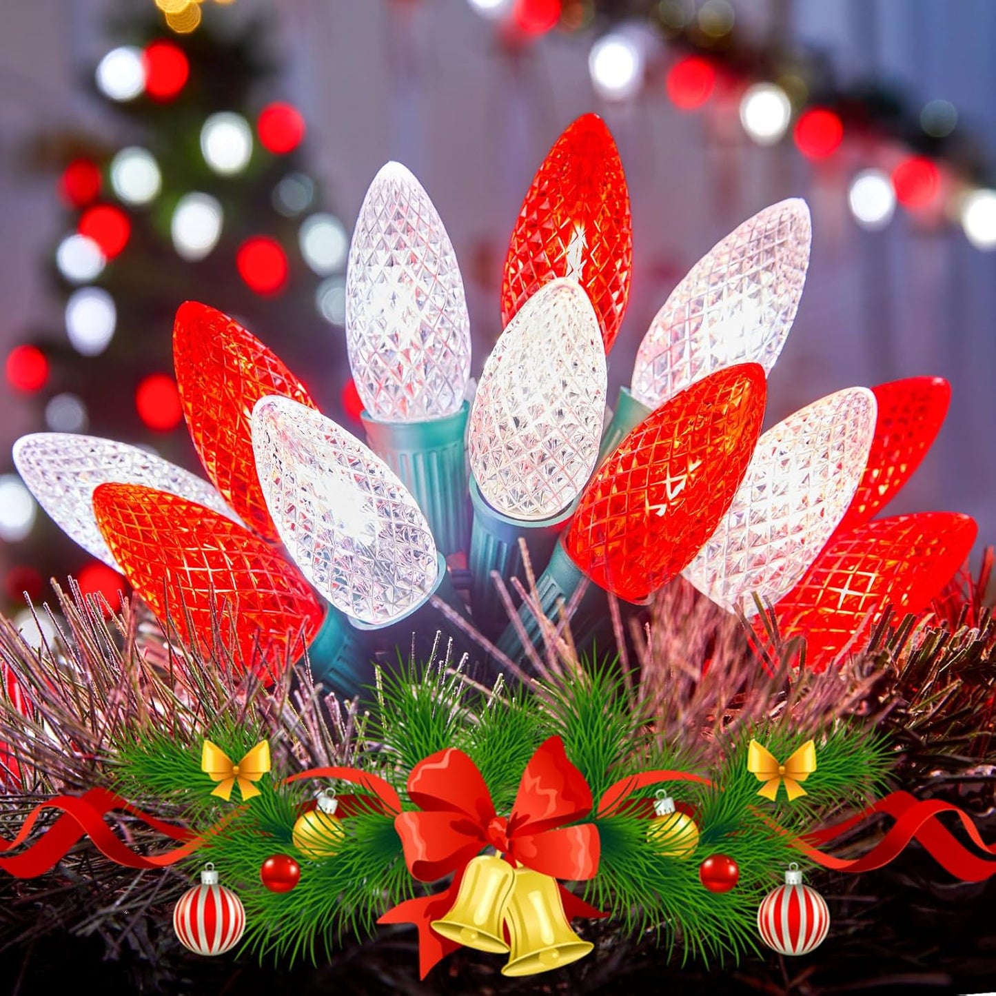 Outdoor Christmas Lights, 100 Ft LED Commercial String Lights With Red and Pure White Strawberry C9 Bulbs, Waterproof Connectable UL Certified for Indoor Home Yard Xmas Tree Decor